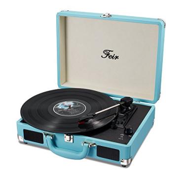 Imagem de Gravador de vinil Bluetooth com alto-falantes 3 velocidades portátil toca-discos mala embutido 2 alto-falantes RCA Line Out AUX Fone de ouvido Jack PC Gravador - Azul