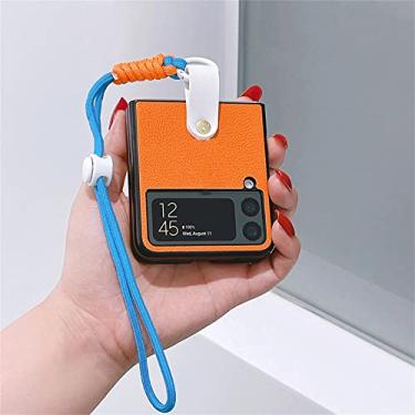 Imagem de Alça de mão retrátil ajustável de luxo laranja capa de pele pressionada para Samsung Galaxy Z Flip 3 5G Z Flip3 Zflip3 Capa, A, para Samsung Z flip3
