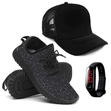 Imagem de Kit Tenis Masculino Corrida Yzi + Relógio Esporte + Boné - Preto/44