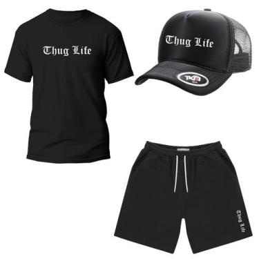 Imagem de Kit Camiseta + Bermuda Moletom + Boné Trucker Thug Life - Mp Moda Masc