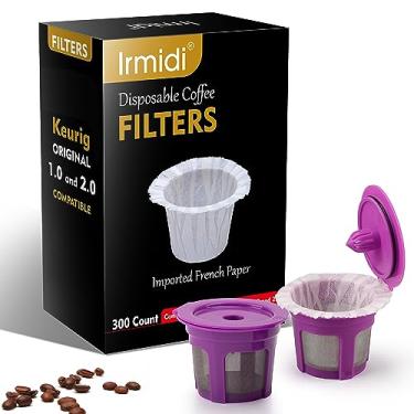 Imagem de Irmidi Filtro de papel descartável de 300 unidades com 2 cápsulas de café reutilizáveis, compatível com cafeteira Keurig 2.0 e 1.0