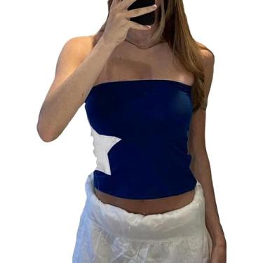 Imagem de KOSUSANILL Camiseta feminina Y2k sem alças, costas nuas, sexy, tomara que caia, tomara que caia, camiseta, regata, Estrela azul, M