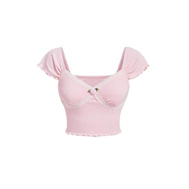 Imagem de Milumia Camisetas femininas 3D floral com nó de laço fofo com acabamento em renda, manga cavada, gola redonda, camisetas para sair, rosa, PP