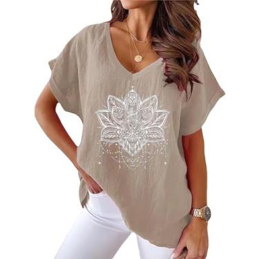 Imagem de ONLYSTORY Camisetas femininas de linho de algodão casual verão manga curta extragrande gola V blusas soltas, G-k Mandala, G