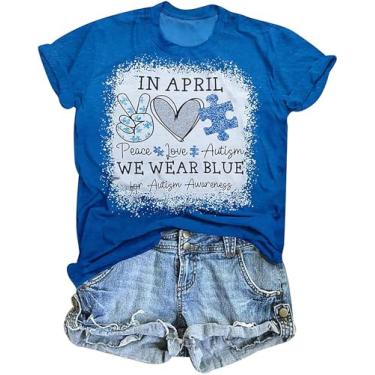 Imagem de Camiseta feminina com autismo We Wear Blue for Autism Awareness Accept Understand Love Lettter Print Inclution Tees Tops, Azul-3n, GG