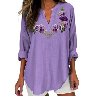 Imagem de Camiseta feminina de conscientização de Alzheimers de linho de verão manga enrolada Henley gola V blusas estampadas flores roxas, rosa, M