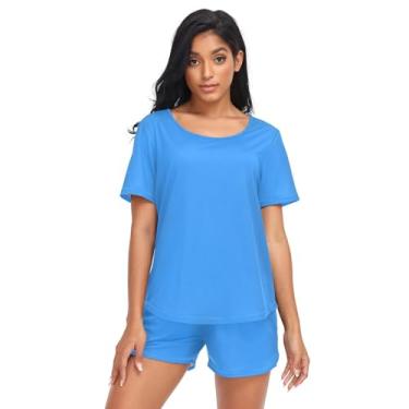 Imagem de CHIFIGNO Conjunto de pijama feminino, conjunto de duas peças, conjunto de pijama de manga curta, conjunto de pijama para mulheres, conjunto de shorts P-2GG, Azul Dodger, M