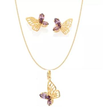 Imagem de Rommanel Kit Corrente 42cm + Pingente + Brincos Zircônias - Feminino - Borboleta - Conjunto de Joias