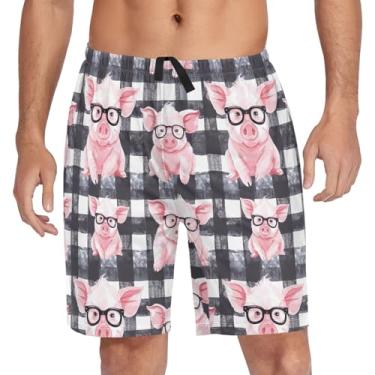 Imagem de CHIFIGNO Bermuda de pijama masculina, calça de pijama curta com bolsos e cordão, Porcos fofos xadrez preto e branco, M