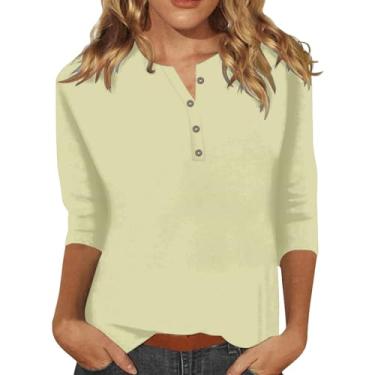 Imagem de Camiseta feminina Henley manga 3/4 comprimento blusa cor sólida ajuste solto túnica casual elegante, Caqui, G