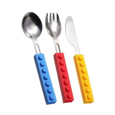 Imagem de Finex Conjunto de 3 talheres empilháveis – Conjunto de facas e garfos coloridos interligados para lanche e empilhar, utensílios para levar junto à hora da refeição, brinquedos de construção
