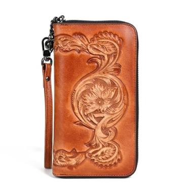 Imagem de Carteira longa de couro genuíno para homens e mulheres carteira personalizada com zíper em torno do talão de cheques, dinheiro, porta-cartões de crédito, a