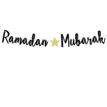 Imagem de Ramadan Mubarak Banner, Ramadan Mubarak Decorations, Eid Mubarak, Eid ul-Adha Party Decor Ramadan Kareem, Lareira Muçulmana Decorações de Festa Glitter Preto (Pré-amarrado)