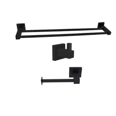 Imagem de Kit Porta Toalha Banho Duplo Papeleira Ret Cabide Preto Inox - Fine Me