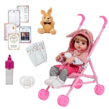 Imagem de Bebê Reborn 100% Vinil Coelhinha Enxoval 13 Itens Carrinho - Cegonha D