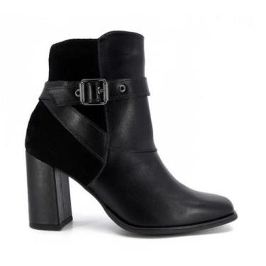 Imagem de Bota Salto Alto Bloco Preta Couro Detalhe Fivela - Usaflex, 38