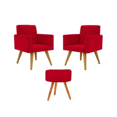 Imagem de Kit 02 Poltronas Decorativas + Puff Decorativo Redondo Sala Cor:vermelho