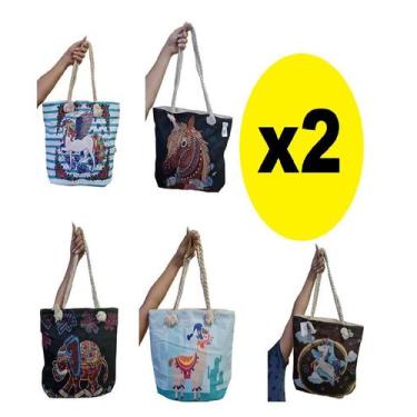 Imagem de Kit 2 Bolsas Feminina Lona c/ Alça de Cordas Estampa Sortida - Lynx pr