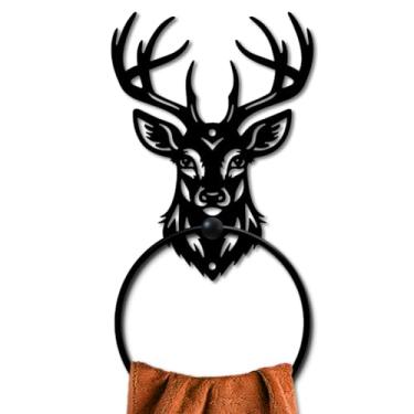 Imagem de MAYJOYDIY Anel de toalha de metal de animal de veado suporte de toalha de cabeça de veado chifre de alce decoração de parede cabide de toalha preto arte personalizada toalheiro montado na parede para