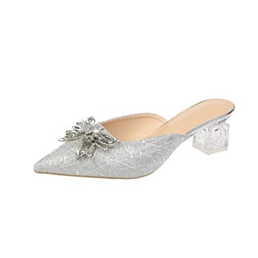 Imagem de Sapatos femininos de verão, sandálias de salto grosso com strass, moda feminina, cristal, salto alto, chinelos brilhantes(Silver,39EU)