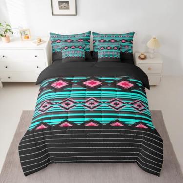 Imagem de Feelyou Jogo de cama sudoeste geométrico com lençol de 7 peças, cama tribal em uma bolsa, tamanho Queen, nativo americano, azul e rosa, com edredom, lençóis, fronhas, capas de almofada