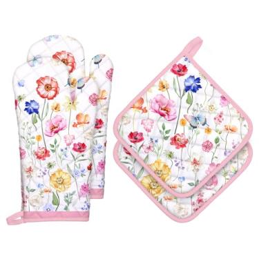 Imagem de Arquiel Conjuntos de luvas de forno e suportes de panela de flores silvestres, 4 peças, 100% algodão, resistentes ao calor, luvas de forno extralongas para cozinha, cozinha, decoração de panificação