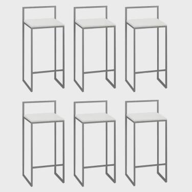 Imagem de Kit 06 Banquetas Alta Com Encosto Lino Industrial Balcão Bistrô Ferro Cinza mdf Madeira Branco - Ahz Móveis