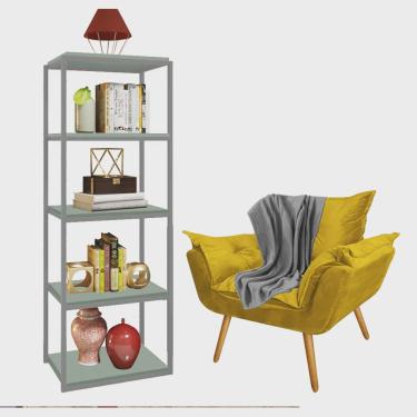 Imagem de Kit Poltrona Fatte com Manta Soft Cinza e Estante Livreiro Ferro Prata mdf Verde Oliva Suede Amarelo - Ahz Móveis