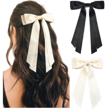 Imagem de Laços de cabelo para mulheres, fitas de cabelo fofas para meninas, laços de fita para cabelo, presilhas de nó de borla, clipes de laço de cabelo, acessórios modernos para mulheres, preto e bege