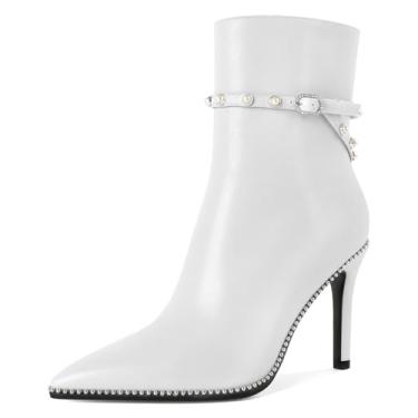 Imagem de SAMMITOP Botas femininas de cano curto, bico fino, salto alto stiletto, moderno, com contas, fivela de pérola, sapatos sociais, 10 cm, Branco, 40