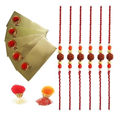 Imagem de Mehrunnisa Conjunto de 6 Rakhis Rudraksh artesanais com conjunto de 5 envelopes de xarope dourado e roli chawal (RAK1177)