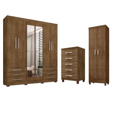 Imagem de Kit Guarda Roupa Casal Marselha 6 Portas Com Espelho, Cômoda 5 Gavetas Porto Belo Cairo Malbec