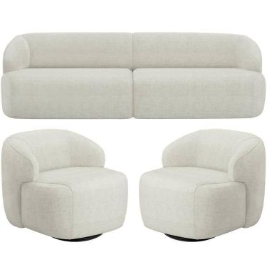 Imagem de Sofá 3 Lugares Curvo Orgânico Com 02 Poltronas Living 250cm Barolo L06 Linho Cru