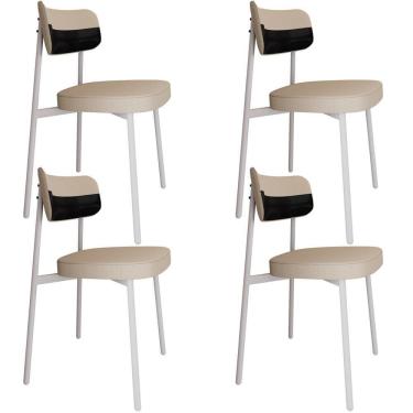 Imagem de Kit 04 Cadeiras Estofada Para Sala De Jantar Astrid Branco C01 Linho Areia Courino Preto - Lyam Decor