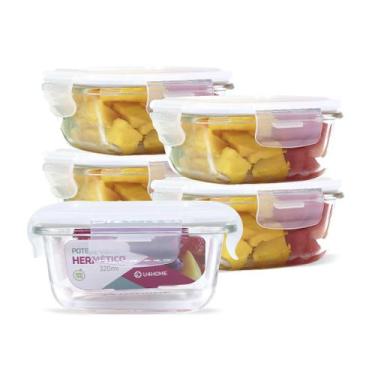 Imagem de Jogo com 5 Pote Vidro Hermético Marmita Tampa Plástico 320ml - U4home