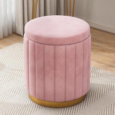 Imagem de Velvet Vanity Dobas com armazenamento, otomano redondo, descanso de pé estofado com conforto, banqueta de maquiagem do quarto para o quarto das meninas, rosa, 34x34x44cm (13x13x17in)