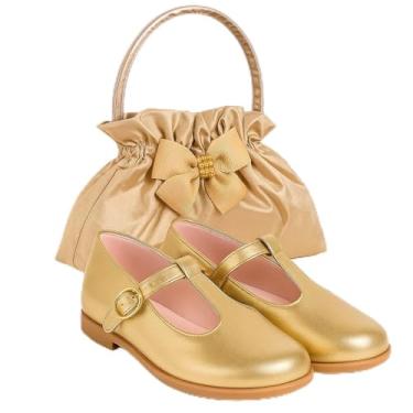 Imagem de Conjunto Infantil Sapato Mary Jane Dourado com Bolsa de Mão Decorativa, Laço Elegante (Dourada, BR, Adulto, Numérico, 37)