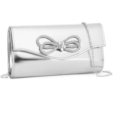 Imagem de Gurina Bolsas clutch noturnas para mulheres, bolsas de mão formais para festas, coquetéis, formaturas, bolsas de ombro com laço de cristal brilhante e abas, Qi18 Prata