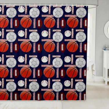 Imagem de jejeloiu Cortina de chuveiro esportiva bola bola bola basquete beisebol cortina de banho azul marinho acessórios à prova d'água com 12 ganchos tema esportivo poliéster impermeável, 182 x 182