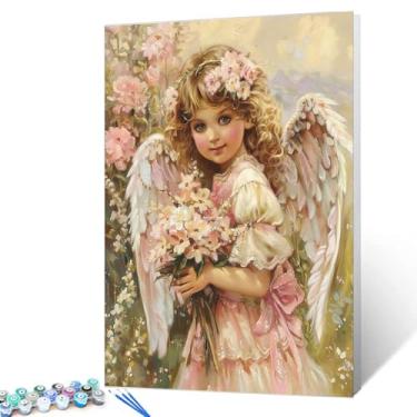 Imagem de Tucocoo Pintura de menina fofa por número para adultos iniciantes, kits de pintura a óleo DIY em tela com pincéis e pigmento acrílico, linda imagem de flor de jardim de anjo para decoração de casa 41