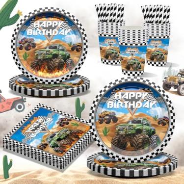 Imagem de BSOMAM Artigos de festa Monster Truck, tema de geleia, decoração de festa, caminhão, carro, pratos e guardanapos para decoração de aniversário com tema de carro xadrez preto e branco, serve 20