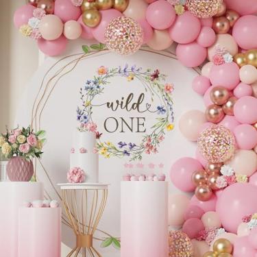 Imagem de Wild One Birthday Decoration Girl - Decorações florais de 1º aniversário menina, suprimentos de festa com tema de selva rosa, faixa floral rosa selvagem, decalque de fundo de arco de flores silvestres