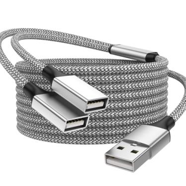 Imagem de POHFP Cabo de extensão USB A macho para 2 fêmeas, divisor USB Y, suporta carregamento e transferência de dados para TV/PC/laptop/MacBook/teclado/PS4/PS5/Flash Drive/PlayStation/laptop/LED etc. (prata)