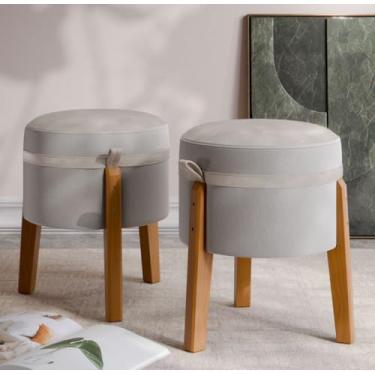 Imagem de Conjunto 2 Puffs Redondo Banqueta em Linho e Couro Suporta Até 120KG - Rest - Loja Inova BR (Cinza)