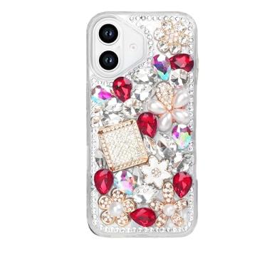 Imagem de Losin Compatível com iPhone 16e Bling Case para mulheres meninas bonito luxo 3D glitter diamante cristal strass brilhante pedra preciosa frasco de perfume brilhante e capa de flor TPU macio, vermelho