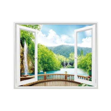 Imagem de Paisagem Impressões em Tela-Lago Árvore-Janela Falsa Quadro de Parede-Natureza Pintura para Decoração Banheiro 60x80cm Sem Moldura