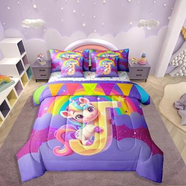 Imagem de Erosebridal Jogo de cama solteiro com letra J com estampa de unicórnio, arco-íris, arco-íris, monograma, em uma bolsa, com lençol de cima e elástico, para decoração de quarto de fantasia