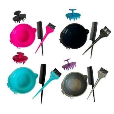 Imagem de Kit 4 em 1 Profissional Cumbuca Massageador Capilar para Cabelos e Químicas | Cumbuca Graduada, Pincel de Aplicação Fino, Pente Multiuso e Massageador de Silicone