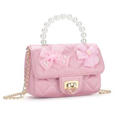 Imagem de LJCTULY Bolsa para meninas com alça de pérola | Bolsa infantil decorada com laço com trava de coração, alça de corrente ajustável, presente de aniversário, rosa, Laço de flores