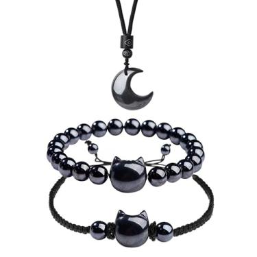 Imagem de Pulseira de gato hematita e colar com pingente de lua, conjunto de joias, presentes para amantes de gatos, atração de riqueza, boa sorte, pulseira de contas, pulseiras de contas, colar com pingente de